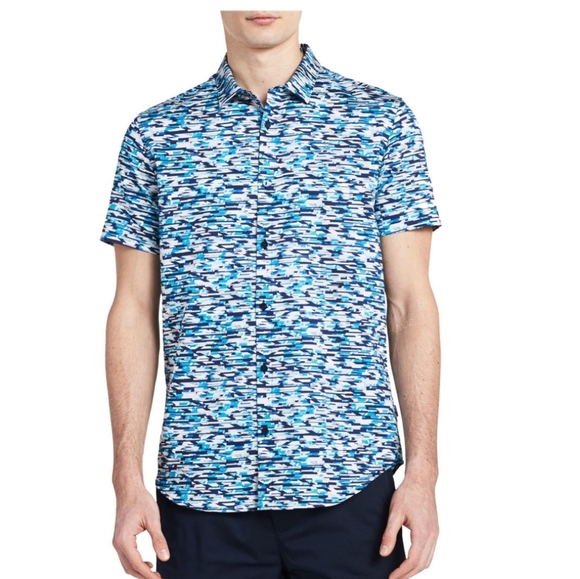 Calvin Klein Pixelated Mosaic Blue Button Down Shirt - Picture 1 of 13